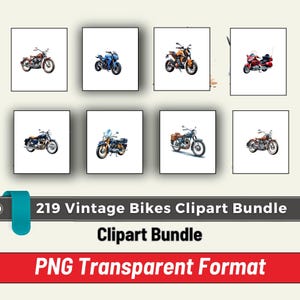 May include: A set of 8 vintage motorcycle clipart images in PNG format. The motorcycles are in various styles and colours, including red, blue, orange, and brown. The images are perfect for use in digital scrapbooking, card making, and other craft projects.