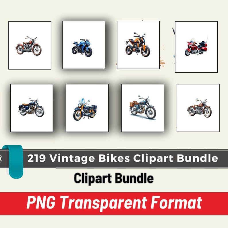 May include: A set of 8 vintage motorcycle clipart images in PNG format. The motorcycles are in various styles and colours, including red, blue, orange, and brown. The images are perfect for use in digital scrapbooking, card making, and other craft projects.