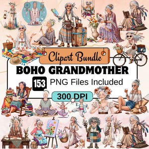153 Bohemian Granny Clipart,Watercolor Grandmother PNG Bundle,quirky old lady,senior lady png,boho floral granny,elder lady png,bohemian png