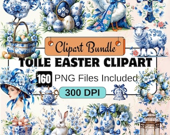 May include: A digital clipart bundle of 160 Easter-themed images in a blue and white toile pattern. The images include a rooster, a goose, a lamb, a cross, a basket of eggs, a teapot, a bunny, a birdcage, and various floral elements. The images are 300 DPI and are perfect for crafting, scrapbooking, and other creative projects.