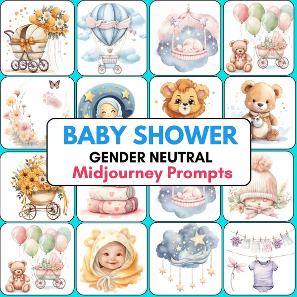 100 Baby Shower Clipart Midjourney Prompts,  Baby Shower Clipart, Watercolor Clipart Bundle, AI Art, Nursery Prompts, Watercolor Clipart