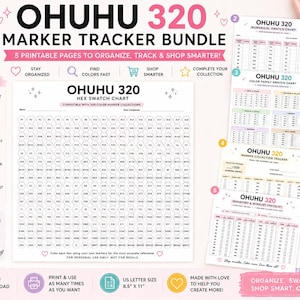Puede incluir: Un paquete imprimible de seguimiento de marcadores Ohuhu 320 con cinco páginas para organizar y rastrear colores. El conjunto incluye una tabla de muestras hexagonales, tabla numérica, tabla de familias de colores, rastreador de colección y lista de inventario.