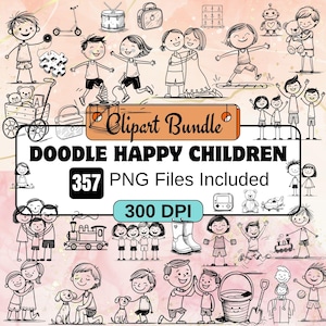 May include: A collection of doodle-style illustrations featuring happy children engaged in various activities. The image includes the text "Clipart Bundle," "Doodle Happy Children," "357 PNG Files Included," and "300 DPI."