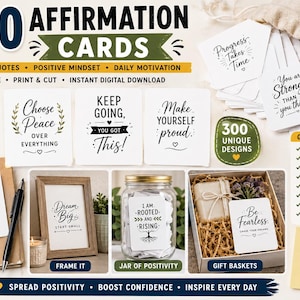 May include: A collection of 300 white affirmation cards featuring black text with various motivational quotes. The set includes examples of cards displayed in a wooden frame, inside a glass jar, and placed within a gift box with filler.