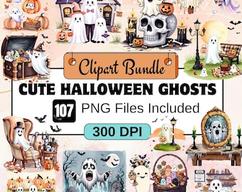 107 Cute Halloween ghost Clipart,Watercolor Halloween Clipart PNG Bundle,Halloween Boo Png,Spooky halloween png,Cute Halloween,spooky ghost