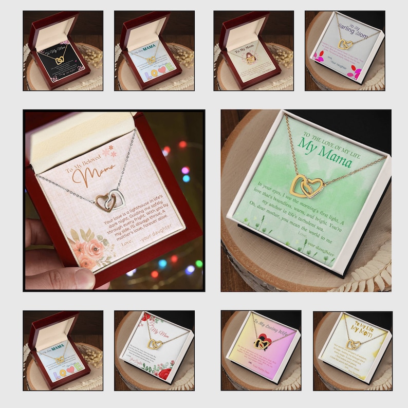 May include: A set of 10 gift boxes with necklaces inside. Each box has a different design and message. The necklaces feature two interlocking hearts. The boxes are all red with a white interior. The necklaces are gold and silver.