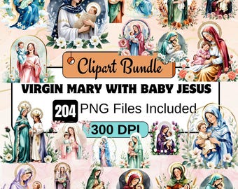 204Virgin Mary With Baby Jesus Clipart,Jesus Clipart PNG Bundle,Mother mary png,catholic printable,holy mother png,christian religion,nativi