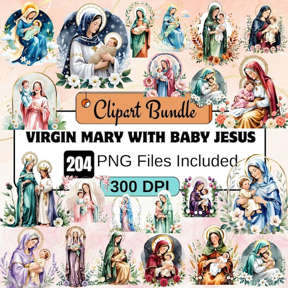 204Virgin Mary With Baby Jesus Clipart,Jesus Clipart PNG Bundle,Mother mary png,catholic printable,holy mother png,christian religion,nativi