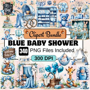340 bleu Baby Shower Clipart, garçon Baby Shower Clipart PNG Bundle, aquarelle Baby Shower Clipart Bundle, bleu chambre de bébé, graphique de baby shower