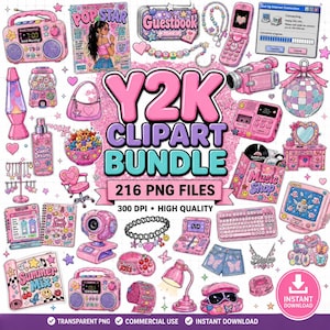 Op de afbeelding: Een digitale collectie Y2K-thema clipart met roze elektronische apparaten, retro modeaccessoires en nostalgische items zoals een boombox, klaptelefoon, lavalamp en computerpictogrammen, gepresenteerd in een levendige, hoogwaardige grafische set.