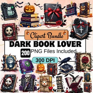 dark book lover clipart, gothic book clipart, dark academia clipart, book lover png, moody book clipart, vintage book illustration, bookworm clipart, dark reading clipart, witchy book clipart,