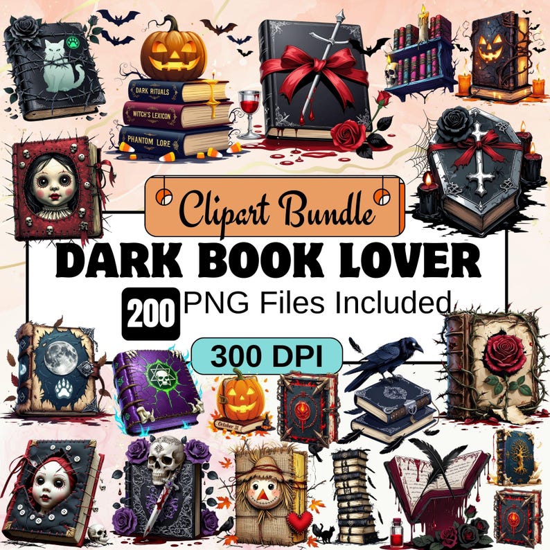 dark book lover clipart, gothic book clipart, dark academia clipart, book lover png, moody book clipart, vintage book illustration, bookworm clipart, dark reading clipart, witchy book clipart,