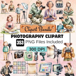 May include: A digital art image featuring a "Clipart Bundle" with the text "Photography Clipart" and "353 PNG Files Included." The image includes illustrations of people with cameras, cameras, and photography equipment.