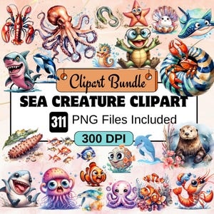 Meerestier Clipart,Aquarell Meerestier Clipart,PNG Bundle, Meerestiere png,niedliche Meerestiere,Unter dem Meer png,Walhai,