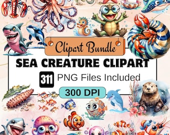 Sea Creature clipart,watercolor Sea Animal clipart PNG Bundle,ocean animal png,marine life,cute sea creatures,under the sea png,Whale Shark