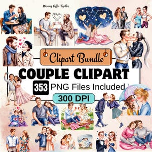 カップル クリップアート、かわいいカップル クリップアート PNG バンドル、24 PNG ロマンチック カップル クリップアート バンドル、即時デジタル ダウンロード、商用利用