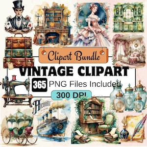 368 Vintage Clipart Bundle Set,Watercolor Vintage Clipart PNG, Vintage Decor, Ephemera Printable, Junk Journaling, Vintage Items Clipart