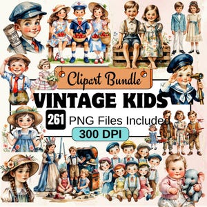 261 Vintage Kids Clipart Bundle Set,Watercolor Vintage Clipart PNG,1970s retro kids watercolor,Ephemera Printable,Vintage Kid Clipart Bundle