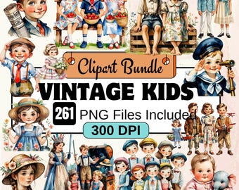 261 vintage kinderen clipart bundel set, aquarel vintage clipart png, jaren 70 retro kinderen aquarel, kortstondige afdrukbare, vintage kid clipart bundel