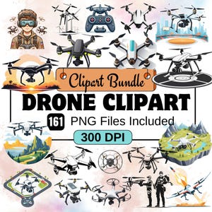 Puede incluir: Un paquete de clipart de 161 ilustraciones de drones en formato PNG. La imagen muestra una variedad de drones en diferentes colores y estilos, incluyendo un piloto de drone de dibujos animados, un drone con una cámara y un drone volando sobre un paisaje. El texto "Drone Clipart" y "300 DPI" está incluido en la imagen.
