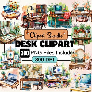 Set di clipart acquerello per scrivania, clipart per ufficio domestico PNG, download digitale, grafica per ufficio, tavoli, scrivania per ufficio PNG, 302 bundle di clipart per scrivania