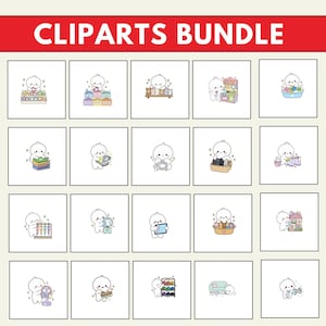 May include: A digital cliparts bundle featuring twenty individual square illustrations of a small white cartoon character performing various daily activities, including cooking, cleaning, and organizing, set against a white background with red text.
