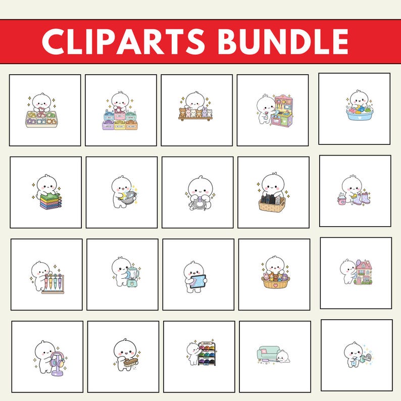 May include: A digital cliparts bundle featuring twenty individual square illustrations of a small white cartoon character performing various daily activities, including cooking, cleaning, and organizing, set against a white background with red text.