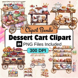 Deser Cart Clipart, Deser Akwarelowy, Słodkie Przysmaki, Pakiet PNG, Pakiet 25 Deser Clipart, Natychmiastowe Pobieranie Cyfrowe, Wykorzystanie Komercyjne