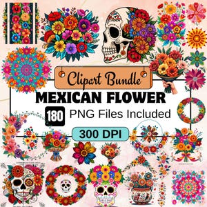 180Mexican Flower Clipart,Mexican Fiesta Flower PNG Bundle,Watercolor Otomi Floral Graphic,Cinco de Mayo Party Art,Unique Mexican Floral png