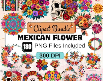 180Mexican Flower Clipart,Mexican Fiesta Flower PNG Bundle,Watercolor Otomi Floral Graphic,Cinco de Mayo Party Art,Unique Mexican Floral png