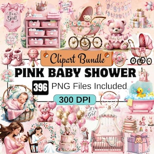 396 Pink Baby Shower Clipart, Baby Shower Clipart PNG Bundle,Baby Shower Watercolor Clipart Bundle,Pink Nursery PNG,girl baby clip art showe