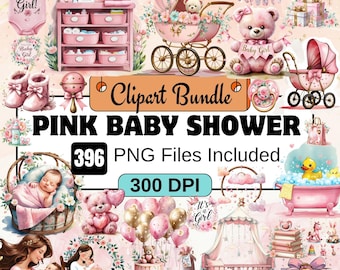 396 Pink Baby Shower Clipart, Baby Shower Clipart PNG Bundle,Baby Shower Watercolor Clipart Bundle,Pink Nursery PNG,girl baby clip art showe