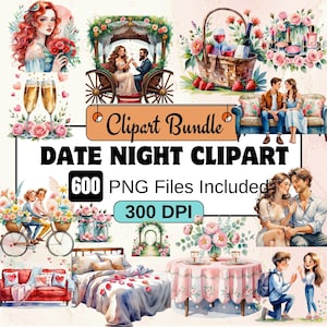 Pakiet akwarelowych clipartów Date Night, clipartów walentynkowych, pakiet romantycznych obrazów PNG, 600 słodkich clipartów walentynkowych PNG, motyw miłosny, komercyjny