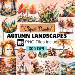 Herfst landschappen clipart, aquarel herfst landschappen clipart png bundel, landschap clipart, aquarel herfst landschap png, herfstsublimatie