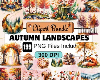 Jesienne krajobrazy clipart,Akwarela jesienne krajobrazy Clipart PNG Bundle,Klipart krajobrazowy, Akwarela jesienny krajobraz PNG,Jesienna sublimacja