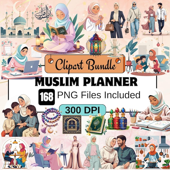 168Muslim Planner Clipart, Islamic png Clipart PNG Bundle, Muslim girl PNG,eid,crescent moon PNG,hijabi girl planner,quran,prayer rug,Muslim