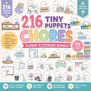 May include: A digital clipart and sticker bundle titled 216 Tiny Puppets Chores featuring numerous illustrations of small white cartoon characters performing various household tasks like cleaning, cooking, laundry, and organizing items in containers.