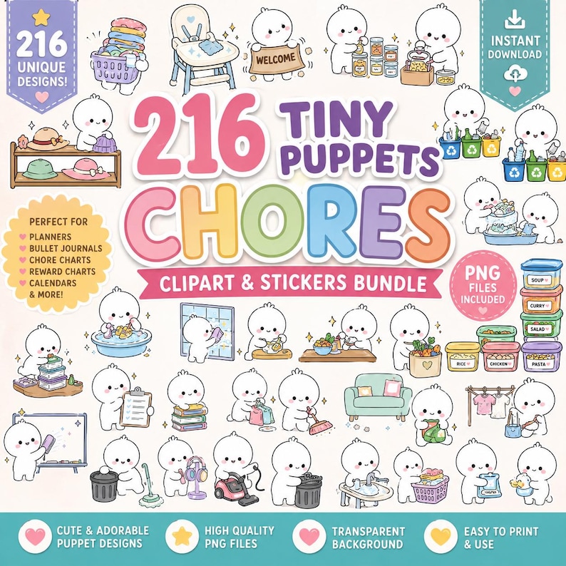 May include: A digital clipart and sticker bundle titled 216 Tiny Puppets Chores featuring numerous illustrations of small white cartoon characters performing various household tasks like cleaning, cooking, laundry, and organizing items in containers.