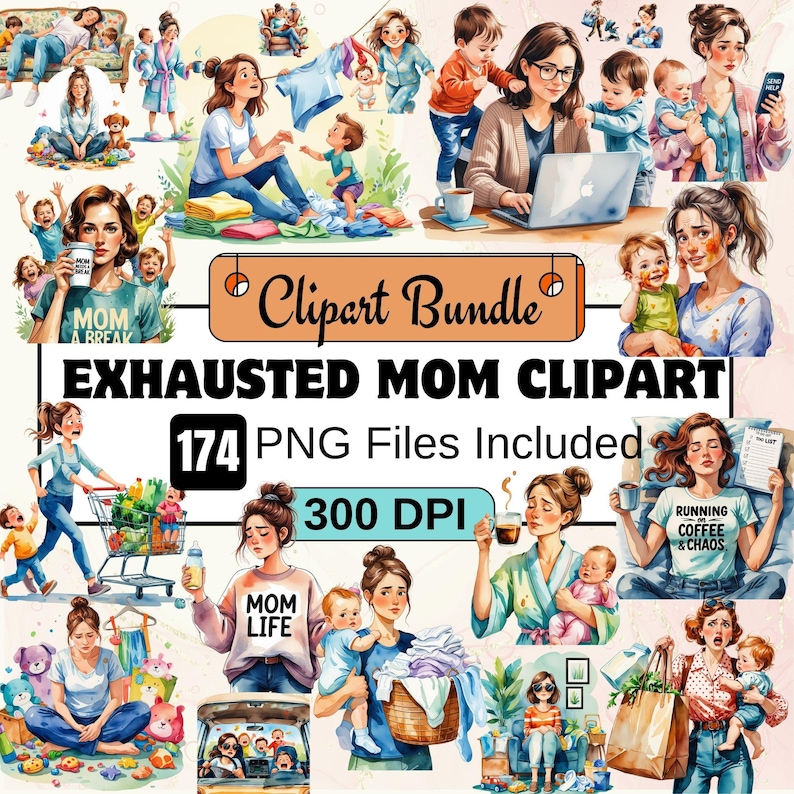 exhausted mom clipart, tired mom clipart, overwhelmed mom PNG, sleepy mom clipart, stressed mom clipart, busy mom clipart, exhausted mother illustration, mom life clipart,