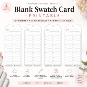 May include: A digital printable blank swatch card template featuring four vertical tags per page. Each tag includes lines for brand and series names, plus 24 numbered boxes for color testing. Text includes Blank Swatch Card, 24 Colors, 4 Cards Per Page, A4 & US Letter Sizes, and Instant Digital Download.