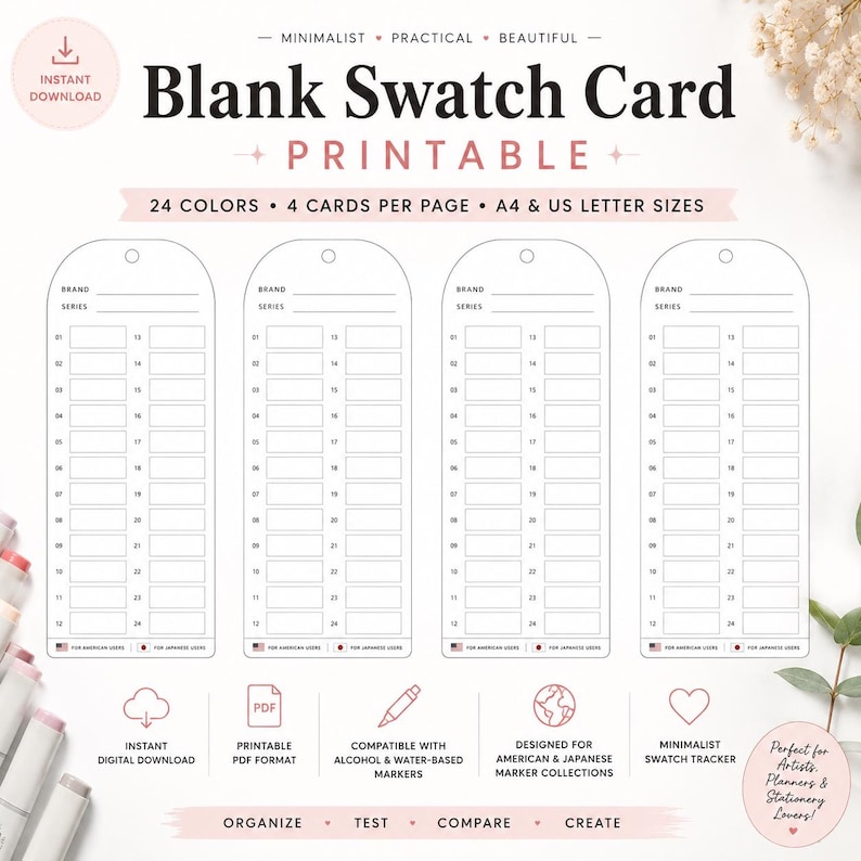 May include: A digital printable blank swatch card template featuring four vertical tags per page. Each tag includes lines for brand and series names, plus 24 numbered boxes for color testing. Text includes Blank Swatch Card, 24 Colors, 4 Cards Per Page, A4 & US Letter Sizes, and Instant Digital Download.