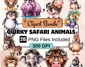 Imágenes prediseñadas de animales de safari peculiares, paquete de imágenes prediseñadas de aves PNG, paquete de imágenes prediseñadas de 215 aves peculiares en acuarela PNG, descarga digital instantánea, comercial