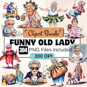 Fuuny Old Lady Clipart, Oma Clipart PNG Bundle, 216 PNG Fuuny Old Lady Clipart Bundle, sofortiger digitaler Download, kommerzielle Nutzung