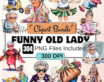 Fuuny Old Lady Clipart, Grandma Clipart PNG Bundle, 216 PNG Fuuny Old Lady Clipart Bundle, Instant Digital Download, Commercial Use