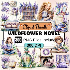 Paquete de imágenes prediseñadas de acuarela de novela de flores silvestres, imágenes florales PNG, descarga digital, ilustraciones de libros de cuentos, diario basura, 302 novela de flores silvestres