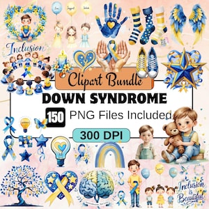 Puede incluir: Un paquete de imágenes prediseñadas digitales con el tema del síndrome de Down. La imagen presenta ilustraciones de niños, cintas, globos y otros elementos en azul y amarillo. El texto incluye "Clipart Bundle", "Down Syndrome" y "150 PNG Files Included".