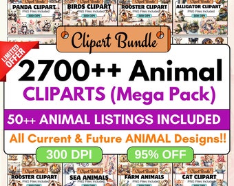 2700++ dierlijke clipartbundel, dierlijke clipart png-bundel, png-schattige dierenafbeeldingen, schattige graphics, clipartbundel, instant digitale download