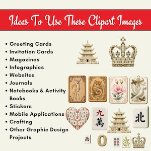 Op de afbeelding: Een digitale afbeelding met de tekst Ideas To Use These Clipart Images gevolgd door een lijst met toepassingen. Aan de rechterkant staan diverse illustraties, waaronder een pagode, een kroon, een hert, een hamster, een bloem, een duif en mahjongtegels.