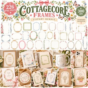 May include: A digital clipart bundle featuring 226 floral frames in PNG format with transparent backgrounds. The collection includes various rectangular, oval, and circular borders decorated with colorful flowers, leaves, and butterflies.