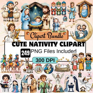 249Cute Christian Nativity Clipart,Akwarela Cute Nativity Scene Clipart Bundle,Ilustracja narodzin Jezusa,Narodzenie,Christitan,Szkoła niedzielna